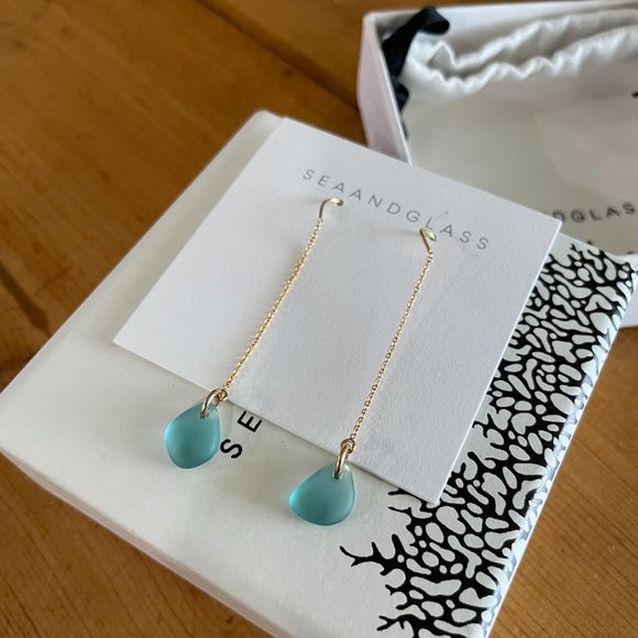 Sea And Glass - Sea Glass Threader Earrings - 14K Gold Fill - Ocean Blues - Picture 2 of 8